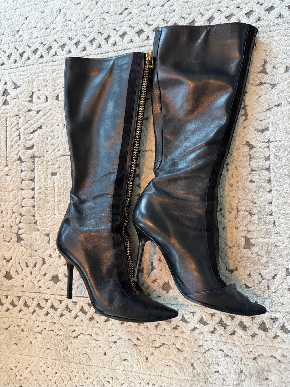 Jimmy Choo Black Leather Knee-High Stiletto Boots with Gold Zip